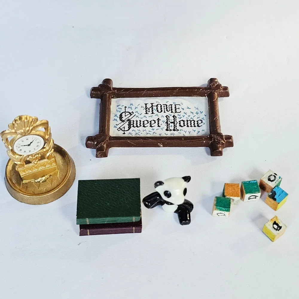 Vintage Dollhouse Accessories Lot Gold Clock‎ Home Sweet Home Sign Panda Blocks